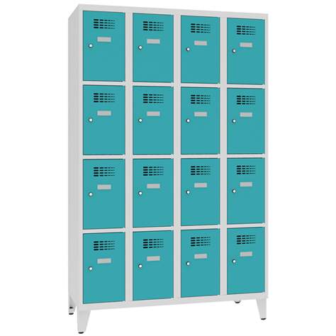 Schließfachschrank WEMO, 4x4 Abteile, 1200x500x1940 mm, mit Füßen, Türfarbe Türkisblau RAL5018, Zylinderschloss - Malow