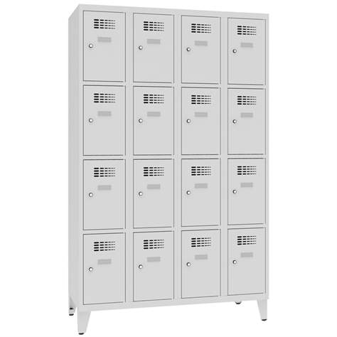 Schließfachschrank WEMO, 4x4 Abteile, 1200x500x1940 mm, mit Füßen, Türfarbe grau RAL7035, Drehriegelverschluss - Malow