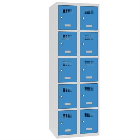Schließfachschrank WEMO, 2x5 Abteile, 600x500x1800 mm, Türfarbe blau RAL5012, Drehriegelverschluss - Malow