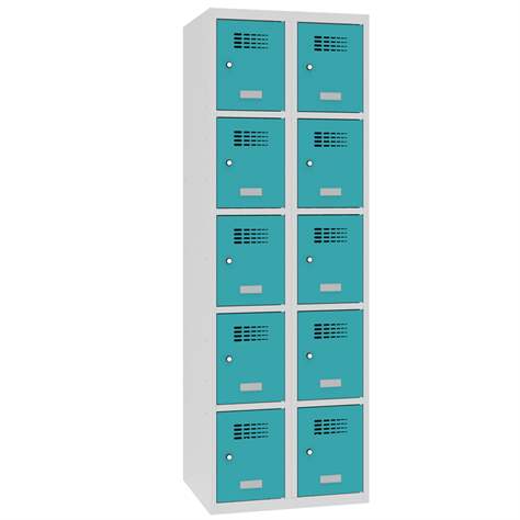 Schließfachschrank WEMO, 2x5 Abteile, 600x500x1800 mm, Türfarbe Türkisblau RAL5018, Zylinderschloss - Malow