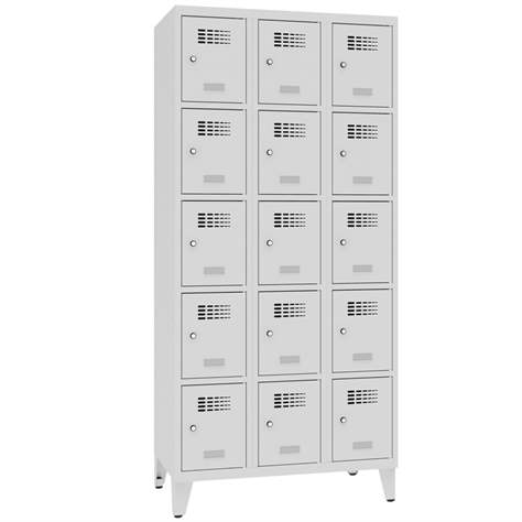 Schließfachschrank WEMO, 3x5 Abteile, 900x500x1940 mm, mit Füßen, Türfarbe grau RAL7035, Drehriegelverschluss - Malow