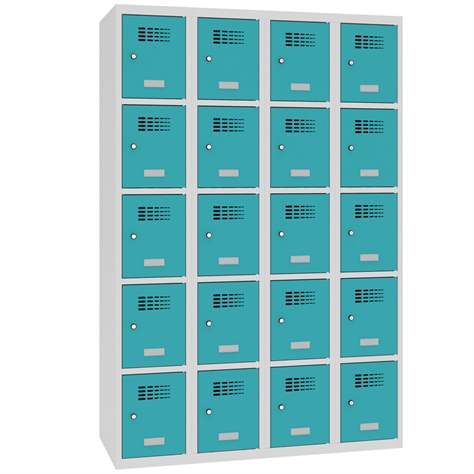 Schließfachschrank WEMO, 4x5 Abteile, 1200x500x1800 mm, Türfarbe Türkisblau RAL5018, Zylinderschloss - Malow