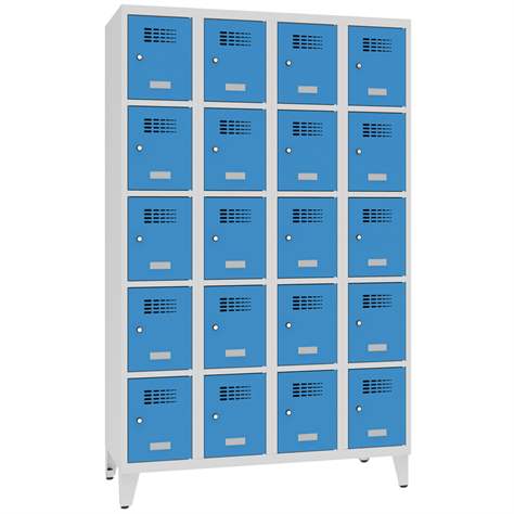 Schließfachschrank WEMO, 4x5 Abteile, 1200x500x1940 mm, mit Füßen, Türfarbe blau RAL5012, Drehriegelverschluss - Malow