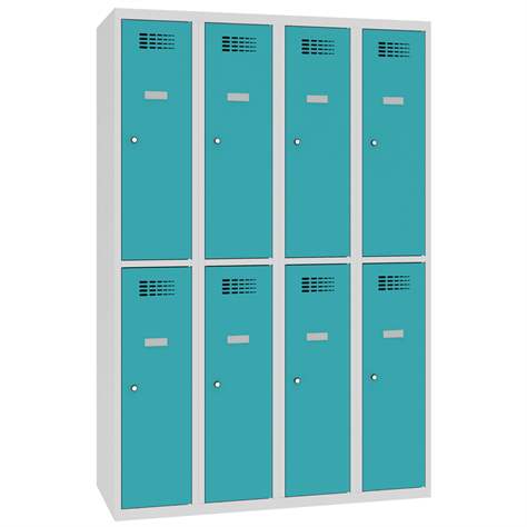 Schließfachschrank WEMO, 4x2 Abteile, 1200x500x1940 mm, mit Füßen, Türfarbe Türkisblau RAL5018, Zylinderschloss - Malow