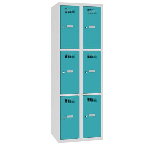 Schließfachschrank WEMO, 2x3 Abteile, 600x500x1800 mm, Türfarbe Türkisblau RAL5018, Drehriegelverschluss - Malow