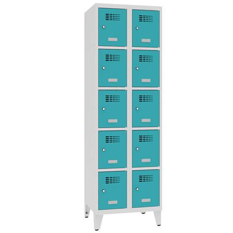 Schließfachschrank WEMO, 2x5 Abteile, 600x500x1940 mm, mit Füßen, Türfarbe Türkisblau RAL5018, Drehriegelverschluss - Malow