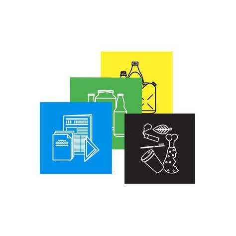 Samolepící etikety pro tříděný odpad 17x17 cm - sada 4 ks (modrá/papír, žlutá/plast, zelená/sklo, černá/směs)