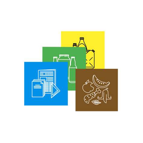 Aufkleber-Set 17x17 cm, 4-er Pack (Blau/Papier, Gelb/Kunststoff, Grün/Glas, Braun/Biomühl)