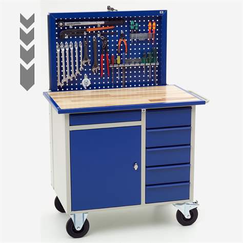 Cărucior de atelier cu panou perforat extensibil, 1077x665x920 mm, capacitate portantă 500 kg, 6 sertare, 1 dulap cu poliță