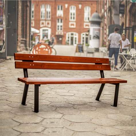 Parkbank Gent, Stahlrohrkonstruktion mit Massivholzleisten Farbton Mahagoni, Länge 1,7 m