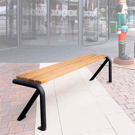 Parkbank Lyon, ohne Rückenlehne, Stahlrohrkonstruktion mit Massivholzleisten Farbton Teak, Länge 1,83 m