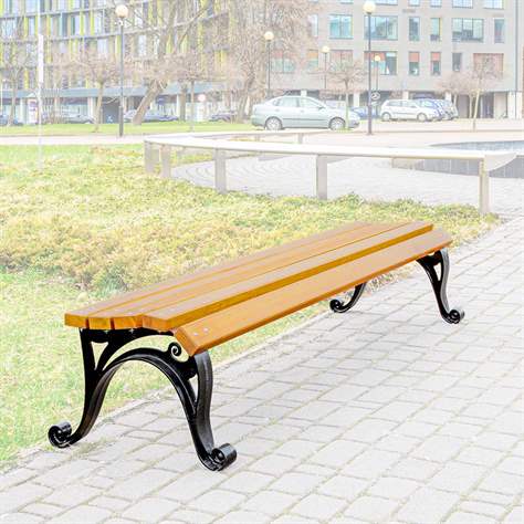 Parkbank Milano ohne Rückenlehne, Gussgestell mit Massivholzleisten Farbton Teak, Länge 1,7 m