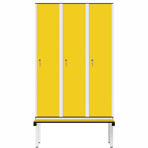 Garderobenschrank aus HPL für Nassbereiche, 3 x 400 mm, mit Bank, Zylinderschloß, Türfarbe Gelb