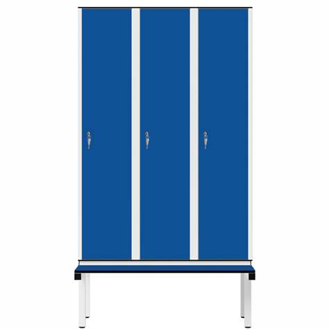 Garderobenschrank aus HPL für Nassbereiche, 3 x 400 mm, mit Bank, Zylinderschloß, Türfarbe Blau