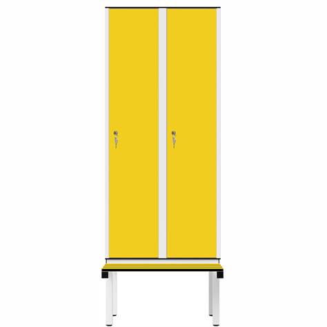 Garderobenschrank aus HPL für Nassbereiche, 2 x 400 mm, mit Bank, Zylinderschloß, Türfarbe Gelb