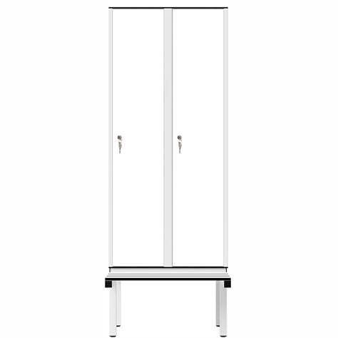Šatní skříň pro vlhké prostory z laminátu, 2 x 400 mm, na lavici, cyndrický zámek, dveře bílé