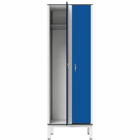 Garderobenschrank aus HPL für Nassbereiche, 2 x 300 mm, 4 Füße, Zylinderschloß, Türfarbe Blau