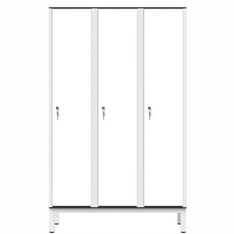 Garderobenschrank aus HPL für Nassbereiche, 3 x 400 mm, 4 Füße, Zylinderschloß, Türfarbe Weiß