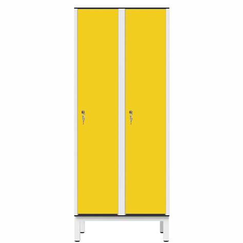 Garderobenschrank aus HPL für Nassbereiche, 2 x 400 mm, 4 Füße, Zylinderschloß, Türfarbe Gelb