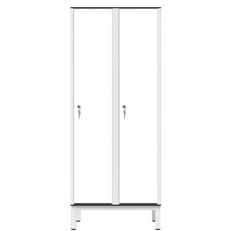 Šatní skříň pro vlhké prostory z laminátu, 2 x 400 mm, 4 nohy, cyndrický zámek, dveře bílé