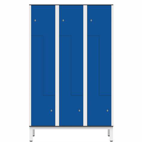 Garderobenschrank aus HPL für Nassbereiche 'Z', 3 x 400 mm, 4 Füße, Drehriegel, Türfarbe Blau