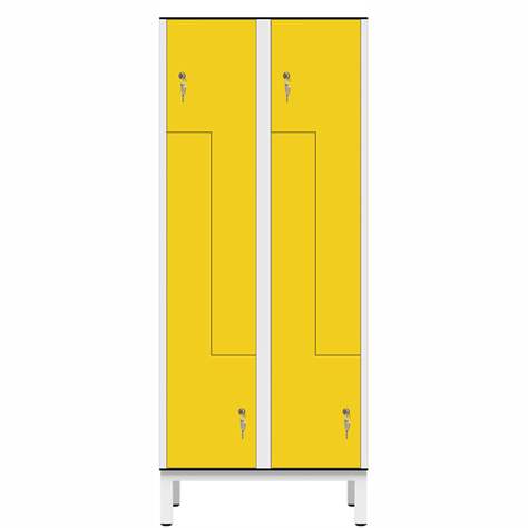 Garderobenschrank aus HPL für Nassbereiche 'Z', 2 x 400 mm, 4 Füße, Zylinderschloß, Türfarbe Gelb