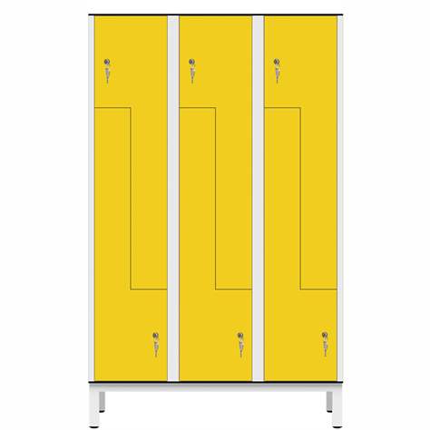 Garderobenschrank aus HPL für Nassbereiche 'Z', 3 x 400 mm, 4 Füße, Zylinderschloß, Türfarbe Gelb
