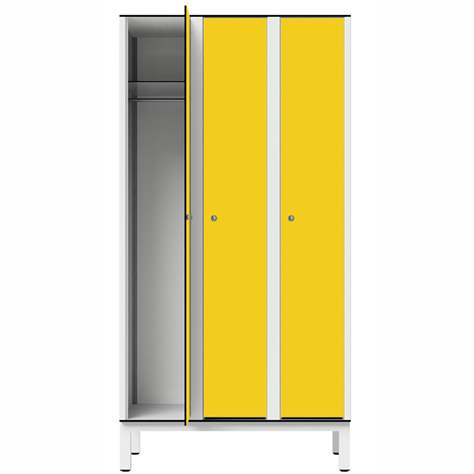 Dulap vestiar din HPL pentru medii umede, 3 x 300 mm, 4 picioare, zăvor rotativ, uși galbene