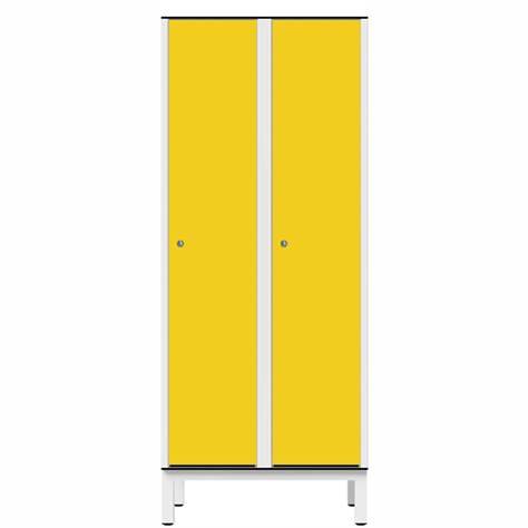 Garderobenschrank aus HPL für Nassbereiche, 2 x 400 mm, 4 Füße, Drehriegel, Türfarbe Gelb