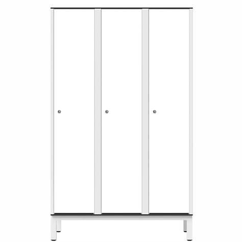 Garderobenschrank aus HPL für Nassbereiche, 3 x 400 mm, 4 Füße, Drehriegel, Türfarbe Weiß