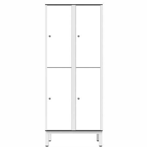 Garderobenschrankaus HPL für Nassbereiche, geteilt, 4 Fächer, B. 800 mm, 4 Füße, Drehriegel, Farbe Weiß