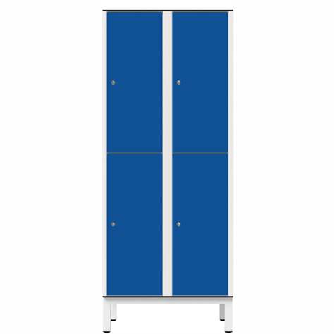 Garderobenschrank aus HPL für Nassbereiche, geteilt, 4 Fächer, B. 800 mm, 4 Füße, Drehriegel, Farbe Blau