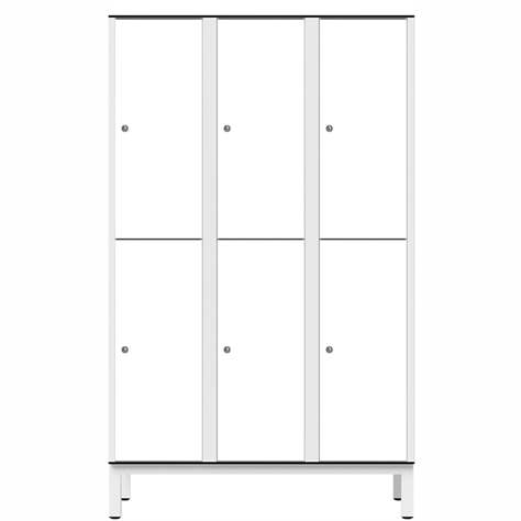 Šatní skříň pro vlhké prostory z laminátu, dělená, 6 schránek, š. 1200 mm, 4 nohy, otočná závora, bílá