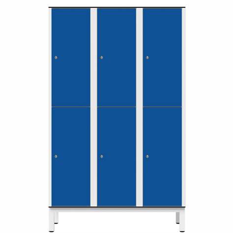 Garderobenschrank aus HPL für Nassbereiche, geteilt, 6 Fächer, B. 1200 mm, 4 Füße, Drehriegel, Farbe Blau