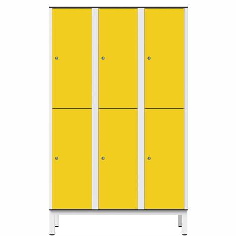 Garderobenschrank aus HPL für Nassbereiche, geteilt, 6 Fächer, B. 1200 mm, 4 Füße, Drehriegel, Farbe Gelb