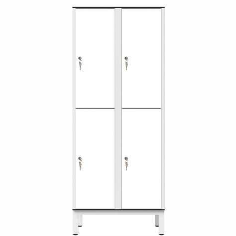 Garderobenschrank aus HPL für Nassbereiche, geteilt, 4 Fächer, B. 800 mm, 4 Füße, Zylinderschloss, Farbe Weiß