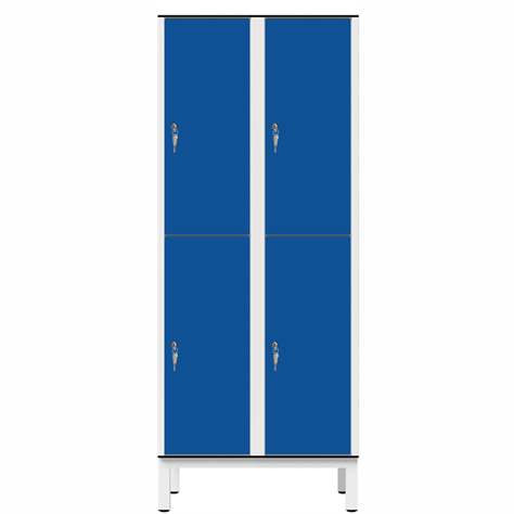 Garderobenschrank aus HPL für Nassbereiche, geteilt, 4 Fächer, B. 800 mm, 4 Füße, Zylinderschloß, Farbe Blau