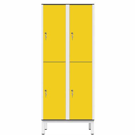 Garderobenschrank aus HPL für Nassbereiche, geteilt, 4 Fächer, B. 800 mm, 4 Füße, Zylinderschloß, Farbe Gelb