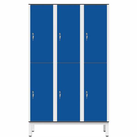 Garderobenschrank aus HPL für Nassbereiche, geteilt, 6 Fächer, B. 1200 mm, 4 Füße, Zylinderschloß, Farbe Blau