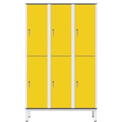 Garderobenschrank aus HPL für Nassbereiche, geteilt, 6 Fächer, B. 1200 mm, 4 Füße, Zylinderschloß, Farbe Gelb