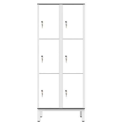 Garderobenschrank aus HPL für Nassbereiche, geteilt, 6 Fächer, B. 800 mm, 4 Füße, Zylinderschloß, Farbe Weiß