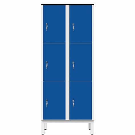 Garderobenschrank aus HPL für Nassbereiche, geteilt, 6 Fächer, B. 800 mm, 4 Füße, Zylinderschloß, Farbe Blau