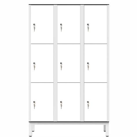 Garderobenschrank aus HPL für Nassbereiche, geteilt, 9 Fächer, B. 1200 mm, 4 Füße, Zylinderschloß, Farbe Weiß