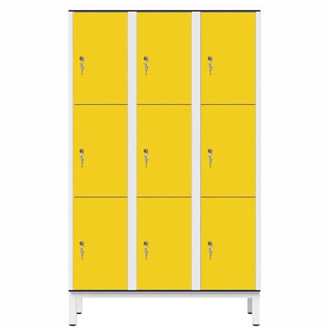 Garderobenschrank aus HPL für Nassbereiche, geteilt, 9 Fächer, B. 1200 mm, 4 Füße, Zylinderschloß, Farbe Gelb
