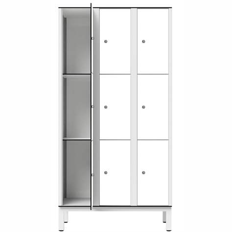 Garderobenschrank aus HPL für Nassbereiche, geteilt, 9 Fächer, B. 900 mm, 4 Füße, Drehriegel, Farbe Weiß