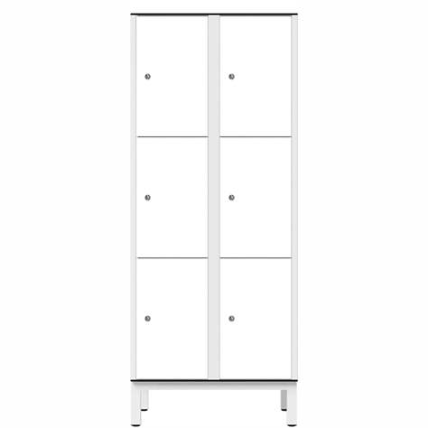 Garderobenschrank aus HPL für Nassbereiche, geteilt, 6 Fächer, B. 800 mm, 4 Füße, Drehriegel, Farbe Weiß