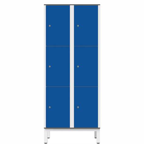 Garderobenschrank aus HPL für Nassbereiche, geteilt, 6 Fächer, B. 800 mm, 4 Füße, Drehriegel, Farbe Blau