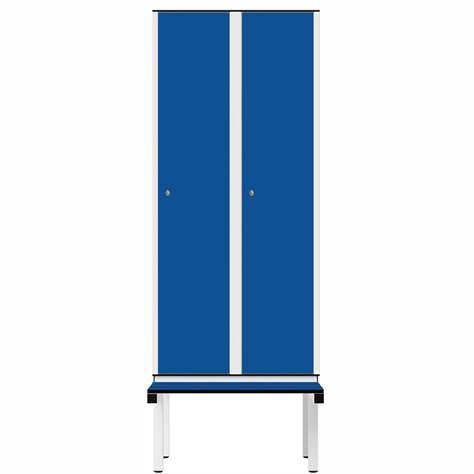Garderobenschrank aus HPL für Nassbereiche, 2 x 400 mm, mit Bank, Drehriegel, Türfarbe Blau