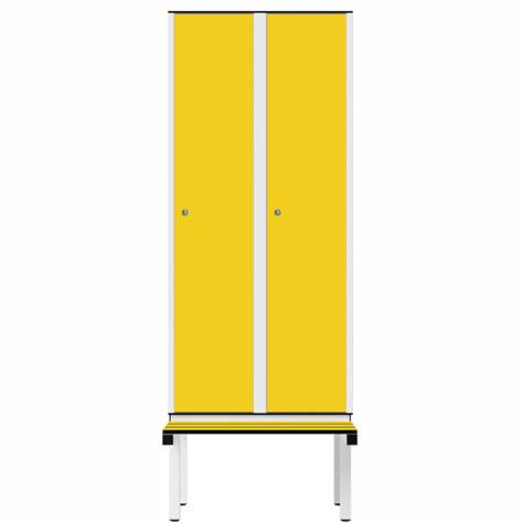 Dulap vestiar din HPL pentru medii umede, 2 x 400 mm, cu bancă, zăvor rotativ, uși galbene
