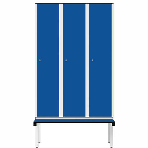 Garderobenschrank aus HPL für Nassbereiche, 3 x 400 mm, mit Bank, Drehriegel, Türfarbe Blau